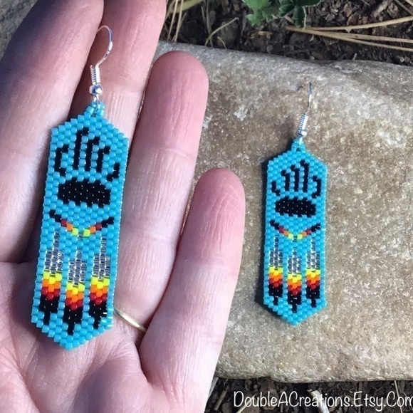 Bear Paw with Native Feathers Beaded Earrings, New, Handmade by Me - Picture 2 of 7